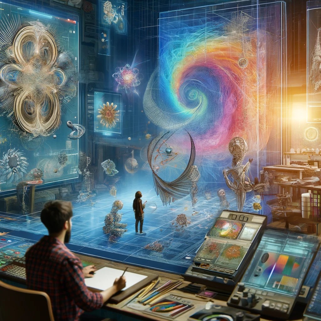 AI技術を活用して人間の想像力の限界を超えた新しいアートの形を探求する概念を表現したイラストを生成