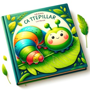 葉っぱの上に座る丸くて可愛い芋虫を特徴とする、子供向けのオリジナル絵本イラストを生成