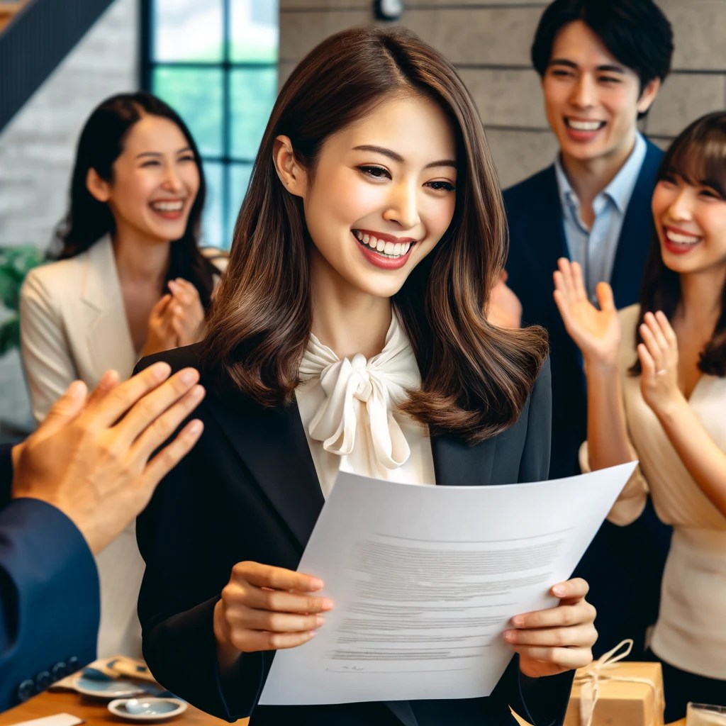 日本の20代女性弁護士が転職成功を祝う様子