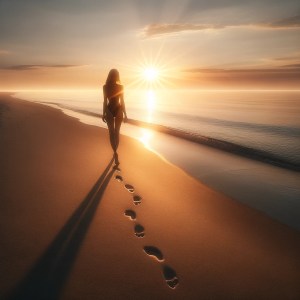 夕日の下、女性が海辺を歩き足跡を残すシーンを超高解像度4Kで生成