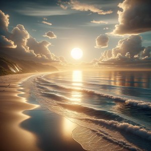 超高解像度4Kで、太陽が優しい光を海辺の風景に投げかけるシーンを生成