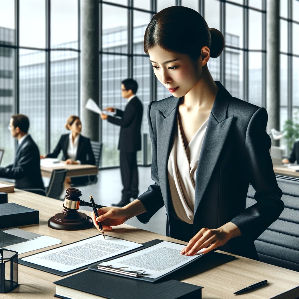 日本の20代女性が弁護士が新しい職場で法律資格を活かして働いている様子