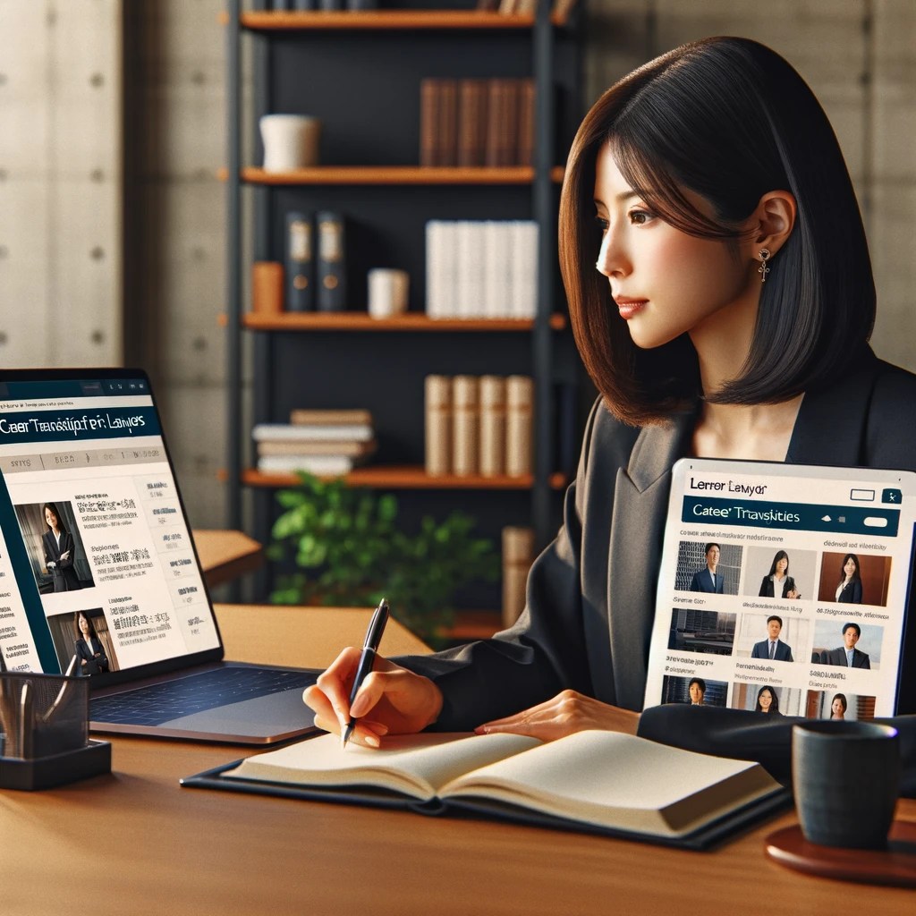 日本の20代女性弁護士が弁護士専門の転職サイトやエージェントの選び方と活用法を学んでいる様子