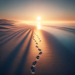 夕日の下、足跡が残る静かな海辺のシーンを超高解像度4Kで生成