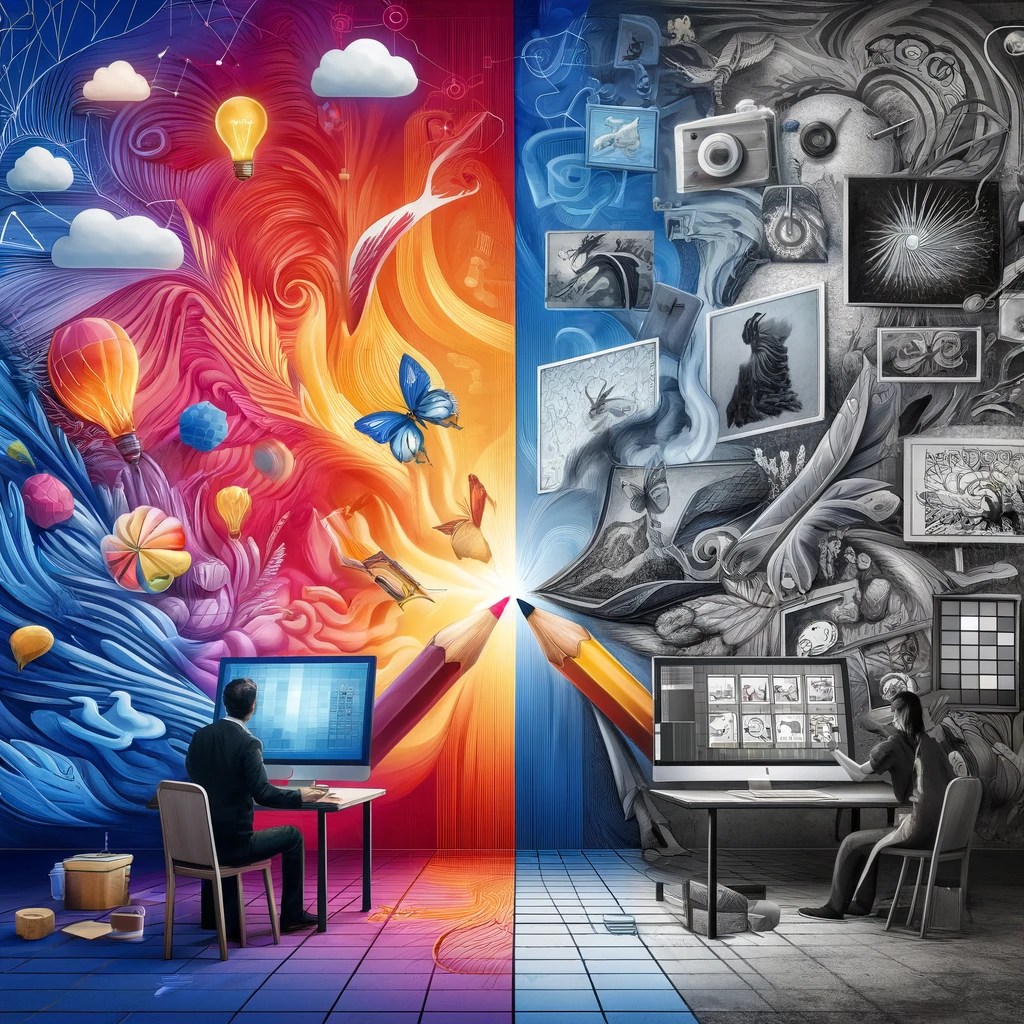 画像生成とプロンプト作成の利点と欠点を描いた概念的なイラスト画像