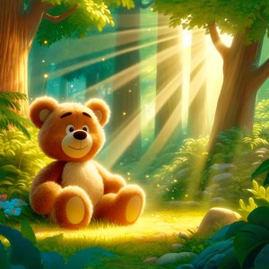 クラシックなディズニーのアニメーションを思わせるスタイルで、優しい光に包まれた森の中のぬいぐるみ熊のイラスト画像