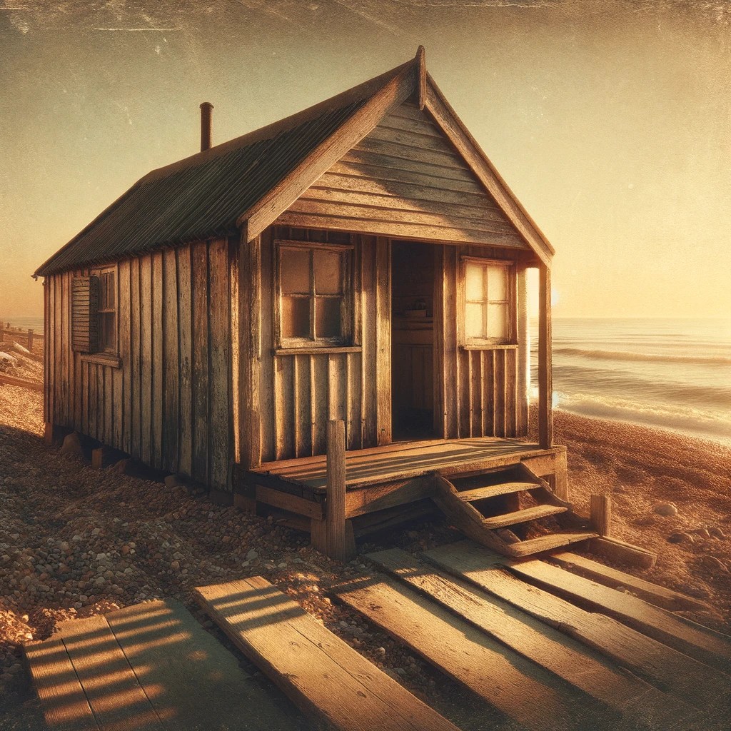 懐かしさを感じさせる、古びた海辺の小屋の画像を生成