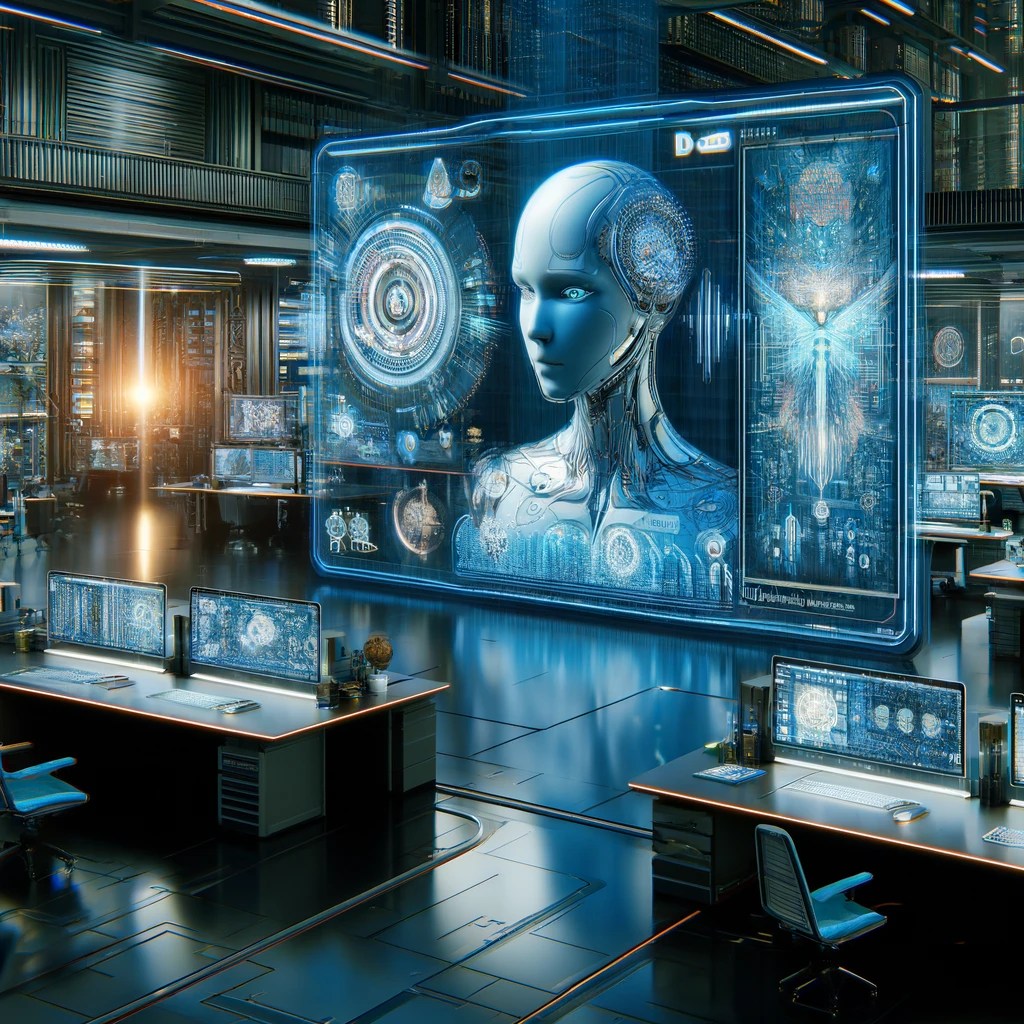 ChatGPT 4.0とDALL-E 3の技術組み合わせを表現する未来的なイラストを生成